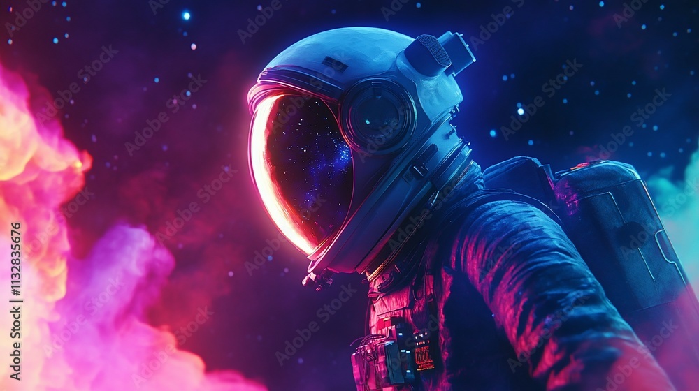 Poster an astronaut in a colorful cosmic environment, exploring the universe.