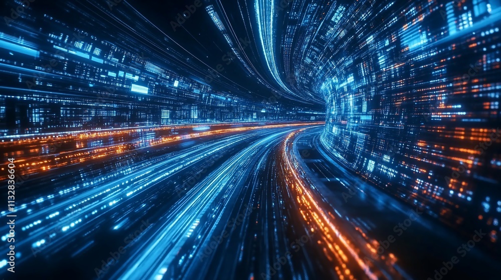 Poster Abstract digital tunnel with glowing lines representing data flow.