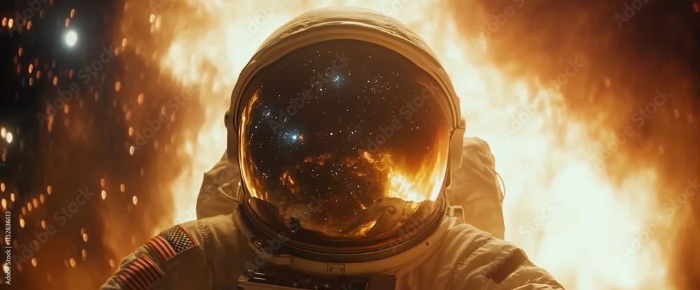 Poster astronaut in space with helmet reflecting stars and fiery background.