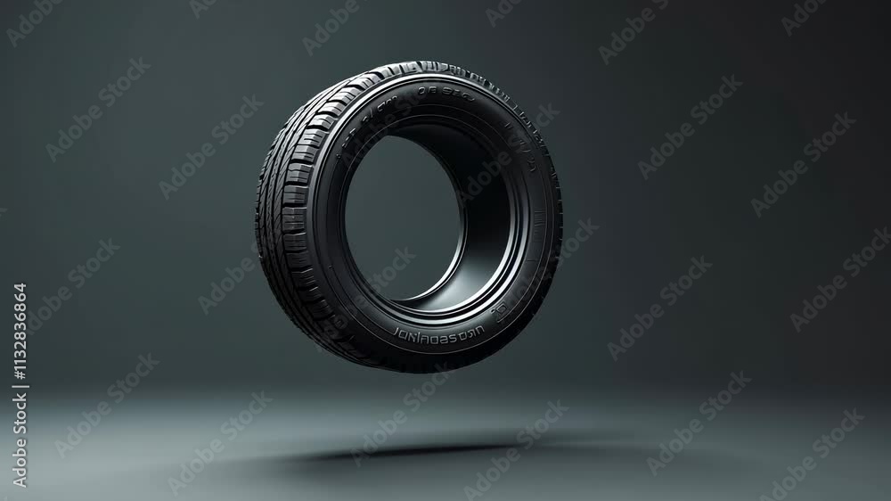 Poster floating tire displayed against a dark background in an artistic showcase of modern design