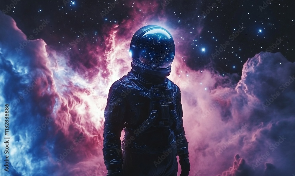 Poster Astronaut standing in a colorful cosmic scene with stars and clouds.