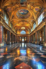 Obraz premium Ornate Hallway With Intricate Gold Detailing And Stained Glass Window