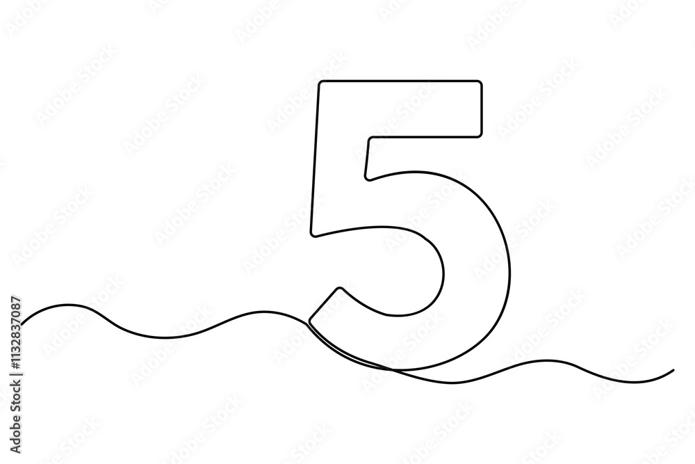 Poster number five continuous one line drawing of number 5. editable one line drawing of number 5 icon. vec