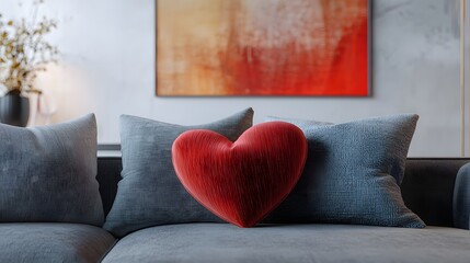 A spacious lounge featuring a heart-shaped velvet cushion in vibrant red. It contrasts with the modern gray sofa, illuminated by soft lighting, with abstract art adorning the walls.