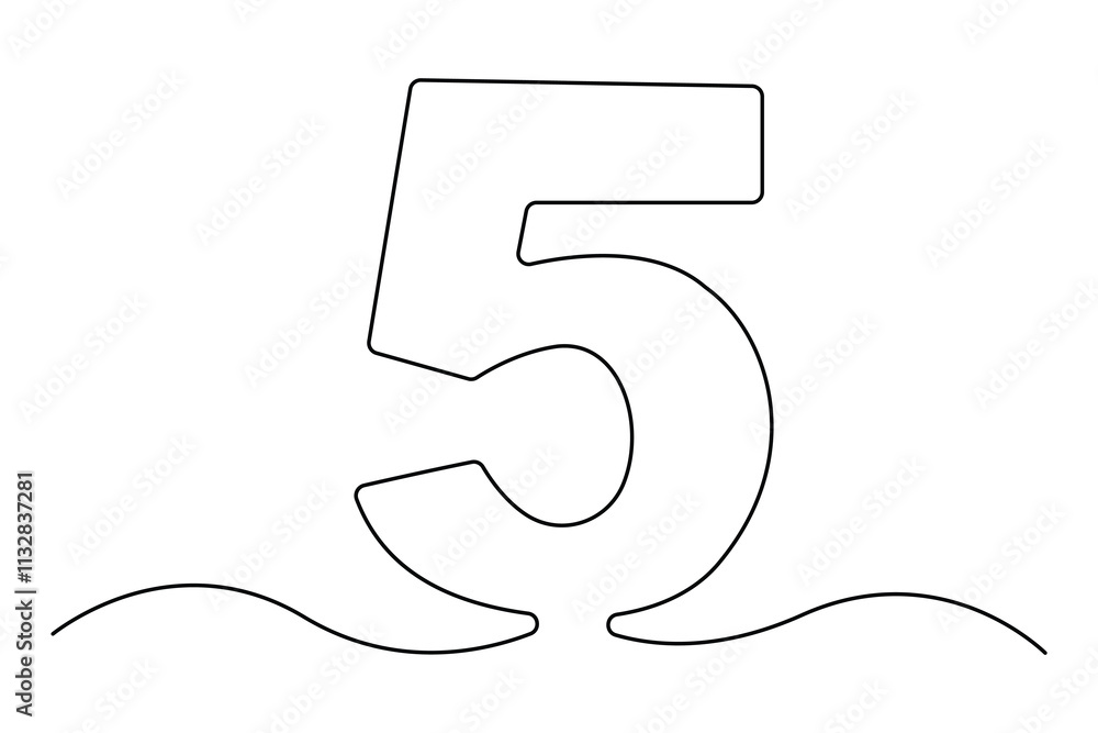 Poster number five continuous one line drawing of number 5. editable one line drawing of number 5 icon. vec