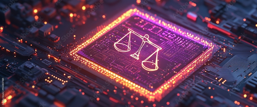 Poster digital scales symbolizing justice on a circuit board background.