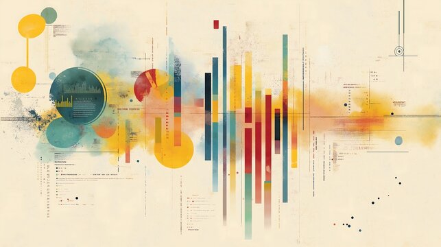 A clean and modern infographic background for stock images, highlighting key business metrics with vibrant bar graphs, pie charts, and numerical data points