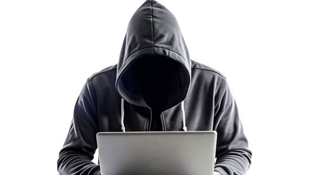 A hacker in black hoodie is working on his laptop isolated on white background.AI GENERATED