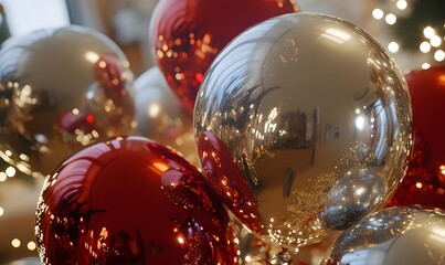 Close-up of metallic red and silver party balloons.