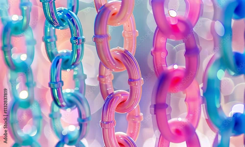 Poster iridescent chains with dreamy pastel bokeh video animation. abstract playful shiny links animated fo