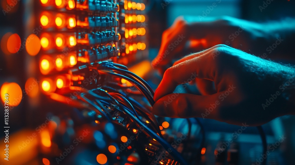 Poster hands adjusting cables on a glowing electronic panel with illuminated lights.