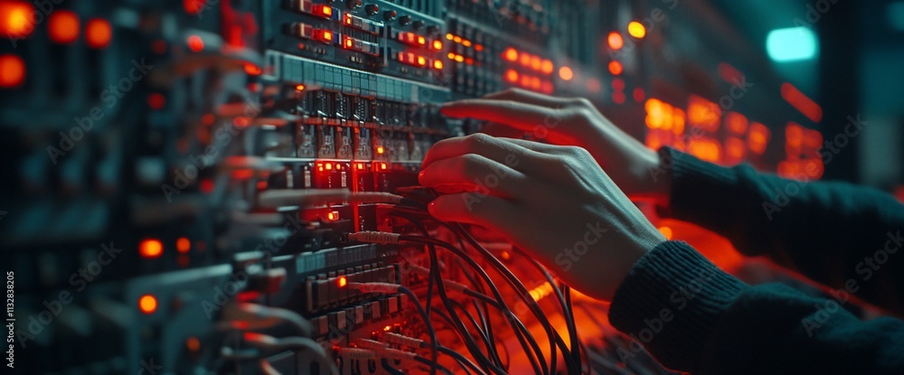Poster hands adjusting a complex network of illuminated electronic connections.
