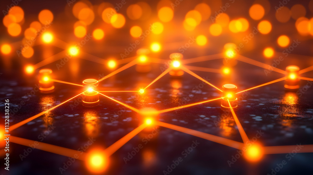 Aufkleber glowing network nodes connected by lines, abstract technology background.