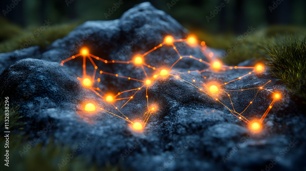 Poster glowing network nodes on a rock in a forest at night.