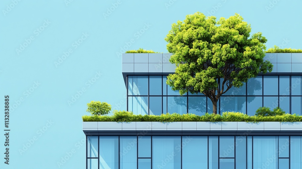 Poster modern building with greenery on rooftop against a clear blue sky.