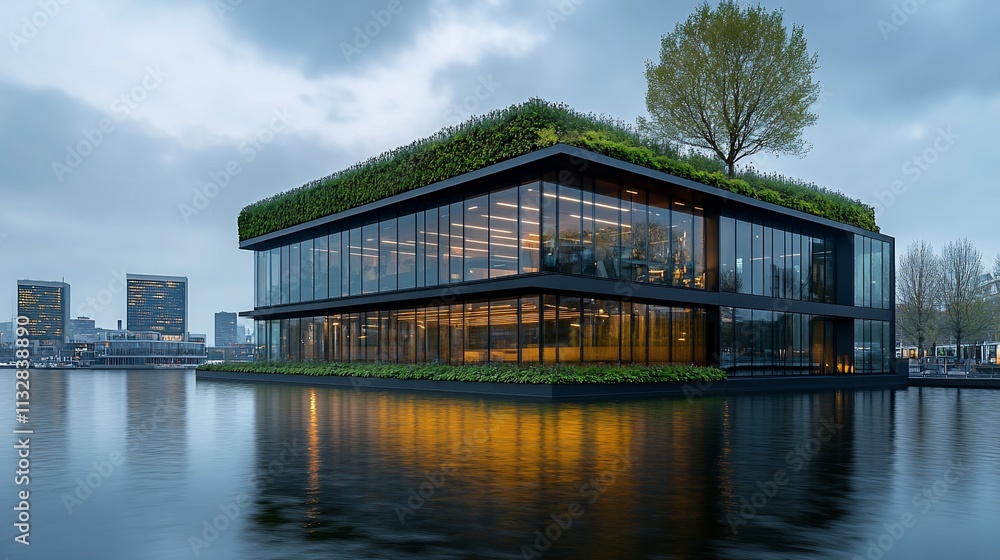 Poster modern architectural building with greenery, reflecting in water under cloudy sky.