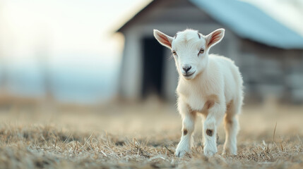 Fototapeta premium Serene rural scene featuring a lovely white baby goat in a dry grass field, with a quaint wooden shed in the background