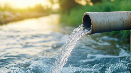Clean water flowing from a large pipe into a river at sunset, representing efforts to conserve the environment and manage water responsibly