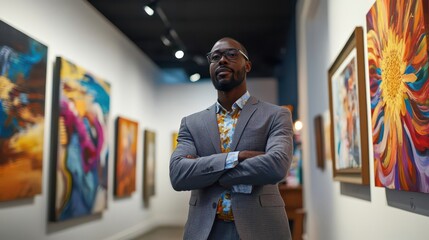 Confident Man in Art Gallery Surrounded by Colorful Paintings