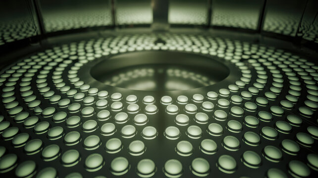 A close-up view of a circular array of luminous buttons or discs, creating a mesmerizing pattern of light and shadow.