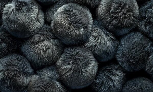 Soft furry black spheres video animation. Fluffy objects. Surreal softness. Pompons. Tactile abstract composition animated footage HD motion graphics. Creative abstraction concept