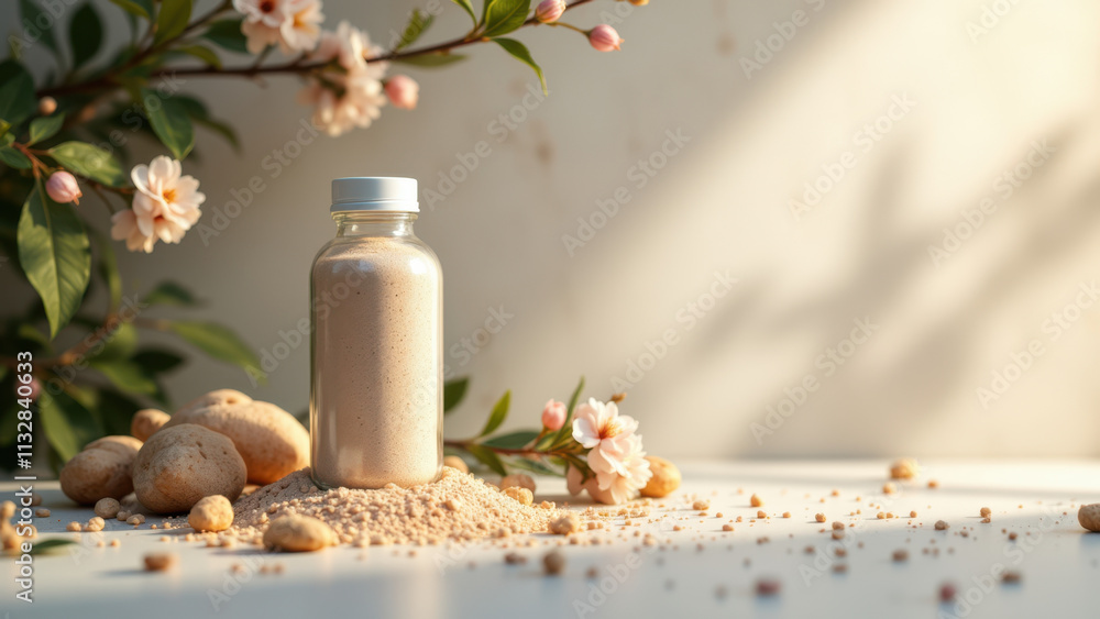 Poster a jar of powdered texture sits on a table with scattered grains around it, creating an organic aesth