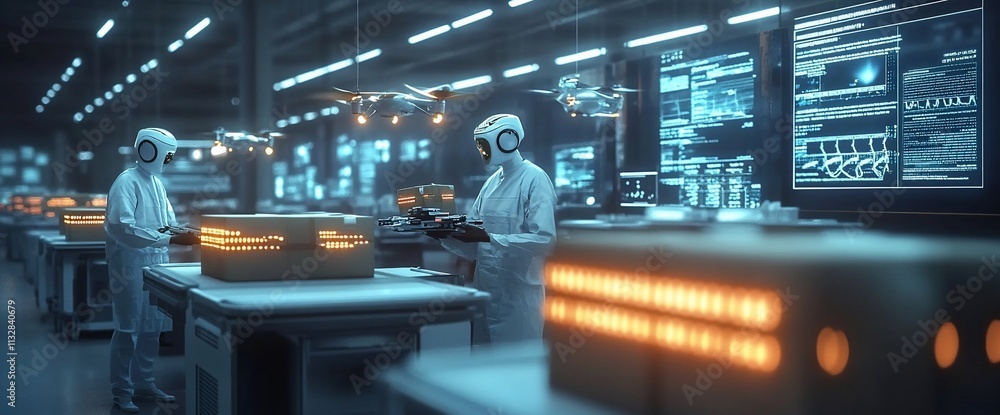 Aufkleber Scientists working in a high-tech laboratory with data displays and packages.