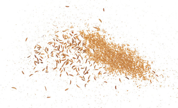 Ground and seeds cumin scattered, caraway isolated on white, clipping	
