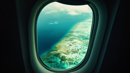 Naklejka premium A view from an airplane window captures the breathtaking beauty of a tropical paradise in the Maldives. The turquoise waters of the coral reef