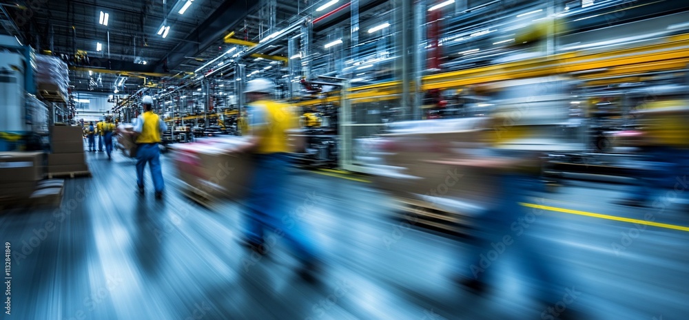 Poster workers moving boxes in a busy warehouse environment.