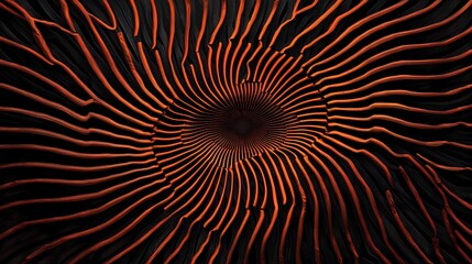 A mesmerizing abstract design featuring swirling lines in vibrant orange against a dark background, creating a hypnotic visual effect.