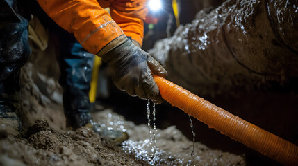 Pipe relining expert fixes underground issues in constrained environment action shot detail focus