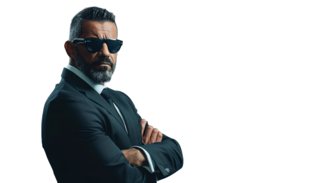 Serious bodyguard mature mexican man beard dark sunglasses black suit on white background
