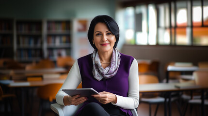 real, hyper realistic photograph of a school principal, 58 years old, Brazilian, with clothes in tones, cream and white, black hair, dark purple wool blouse, with a scarf accessory wrapped around the 