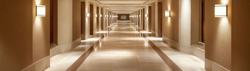 Fototapeta premium Long Hotel Corridor With Soft Lighting And Elegant Design