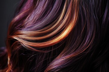 Naklejka premium Close-up of lustrous, wavy brunette hair with subtle reddish-blonde highlights.