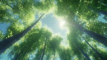 Obraz premium A path winds through a dense, tall forest as sunlight gleams through the leaves, creating a magical atmosphere.