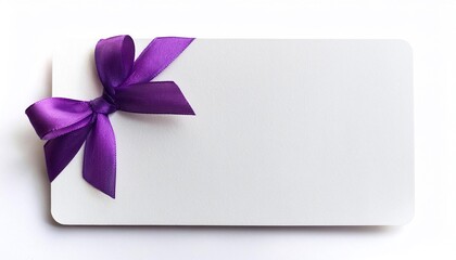 A white clear paper card with a purple ribbon bow on a side on white background