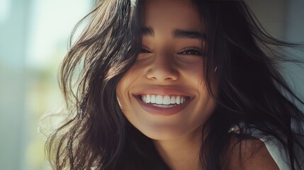 Fototapeta premium Beautiful white smiling latin woman with long shiny wavy hair