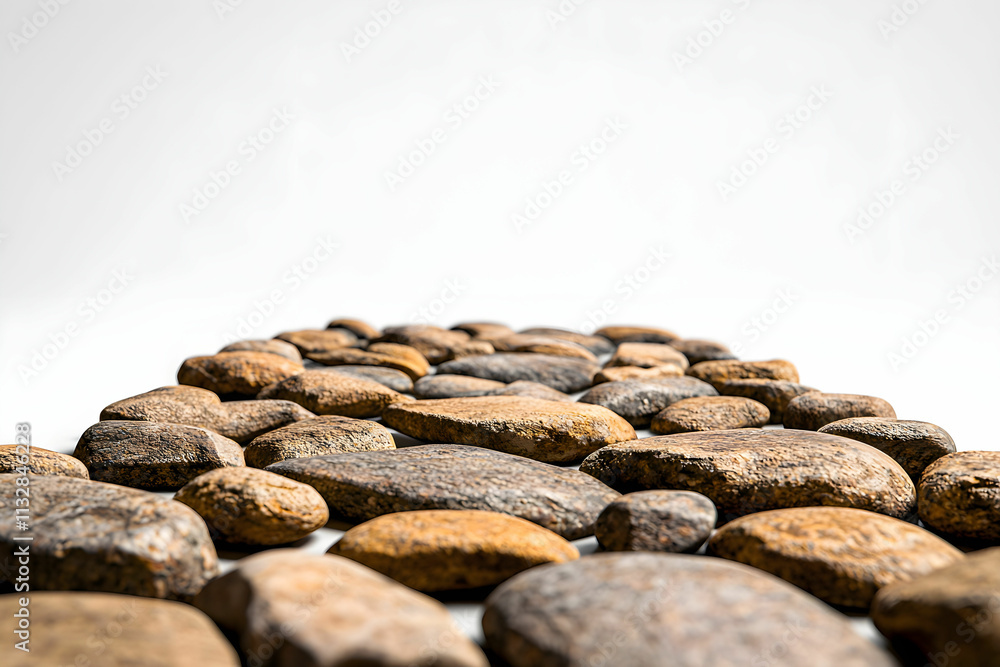 Poster textured pathway of smooth pebbles on a soft white background for artistic and relaxation themes