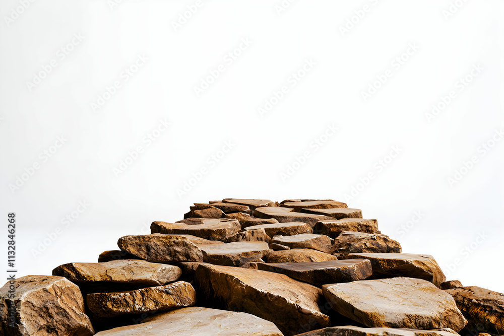 Poster rustic pathway of natural stone slabs leading towards a minimalist white background in calm environm