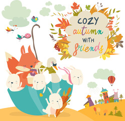 Fototapeta premium Happy animals sitting in umbrella in autumn park. Vector illustration