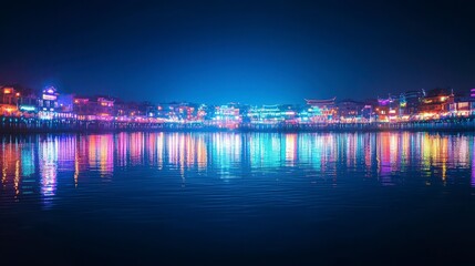 Fototapeta premium Vibrant riverside city lights reflecting on water at night urban landscape photography serene atmosphere aesthetic viewpoint