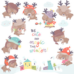 Fototapeta premium Set with cute little deers on winter background. Vector illustration