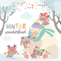 Polar bear with cute little deers in snow forest. Vector illustration