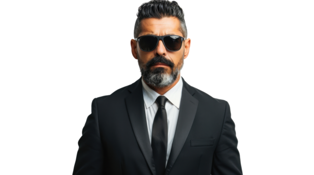 Serious bodyguard mature mexican man beard dark sunglasses black suit on white background
