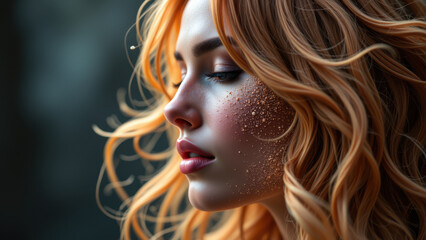 Fototapeta premium Young woman with shimmering golden powder on her skin gazing downwards.
