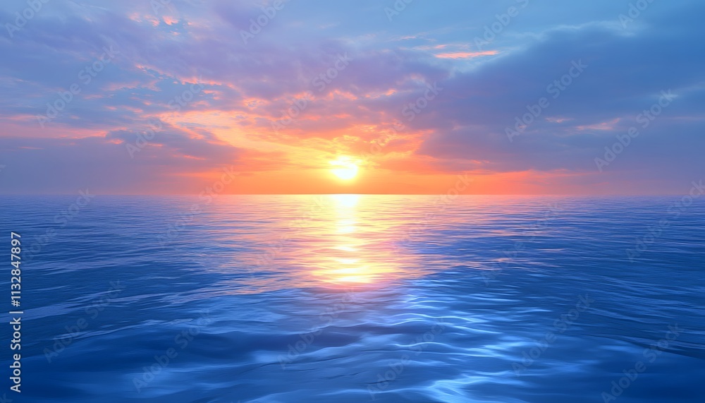Poster breathtaking sunset over calm ocean waters with vibrant colors and soft clouds reflecting on the gla