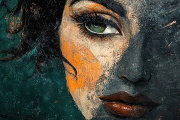 A close-up portrait of a woman's face, painted with textured strokes and contrasting colors, creating a dramatic effect.