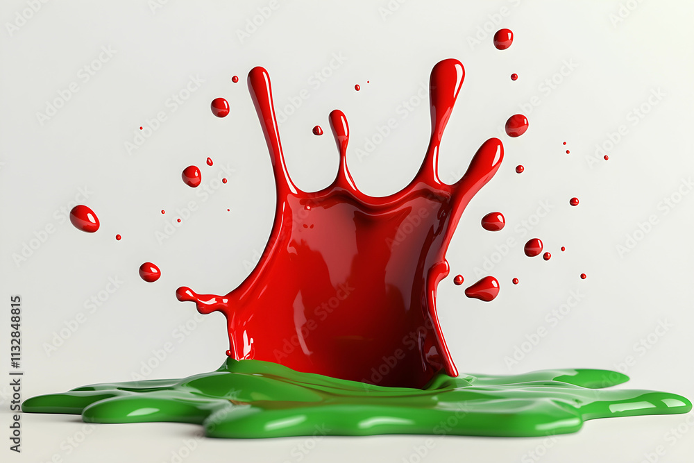 Poster vivid red paint splashing on shiny green surface creating artistic abstract design